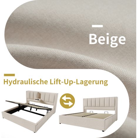 Lit double 140x200 cm avec porte-gobelet caché et station de charge, sommier à vérin hydraulique avec rangement intégré, matelas inclus, lin beige. (1/5)