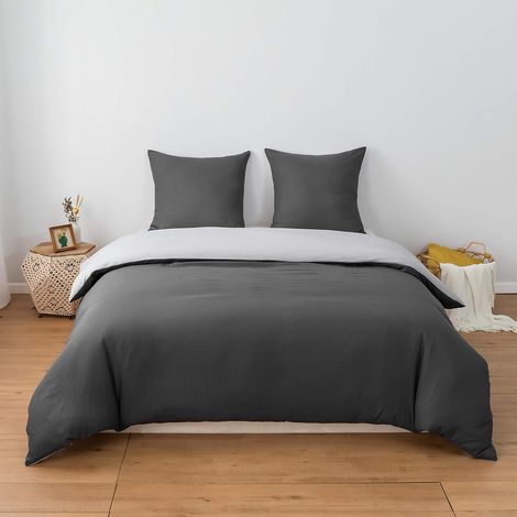 Housse de Couette Réversible 240x260 / 65x65x2 cm Gris Foncé + Gris Claire Parure de Lit Bicolore pour 2 Personnes Fermeture Éclair Sets de Housse Couette (1/5)