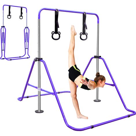Barre de gymnastique enfants hauteur réglable 88,9 à 129,54 cm antidérapante violette pour débutants et jeunes athlètes.