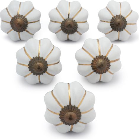 Lot de 6 Boutons Décoratifs en Céramique Peints à la Main Blanc pour Placard Tiroir et Meubles pour Armoires de Cuisine Salle de Bain Commode Finition Brillante Motif Citrouille (1/5)