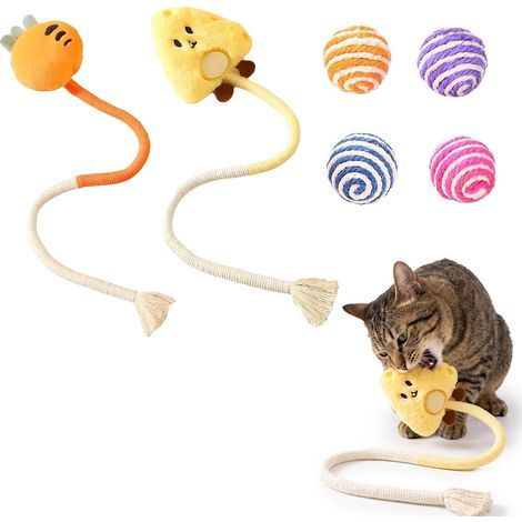 6 Jouets pour Chat et Chaton, Kit de Jouet Interactif avec 4 Balles en Sisal et 2 Cordes à Mâcher (Carotte et Fromage), Idéal pour le Nettoyage des Dents et le Jeu Intérieur Anti-Ennui (1/5)