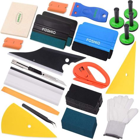 Das Set zum Aufbringen von Vinylfolie enthält eine 4-Zoll-Rakelkarte, Snitty-Cutter, Schaber, Rasierklinge, Pinzette, Bastelmesser und 10 weitere Teile. (1/4)