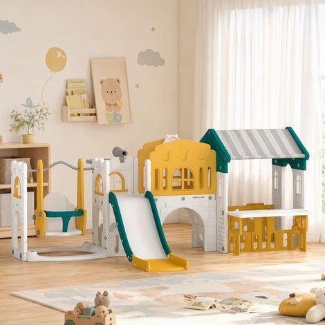 Ensemble Toboggan et Balançoire 11 en 1 Enfants, Aire de Jeux Intérieure, Maisonnette, Panier de Basket, 1-4 Ans, Jaune (1/5)