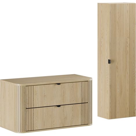 Ensemble OVALIA chêne meuble suspendu sous vasque avec plan 100 cm et colonne 40 x 140 cm (1/5)