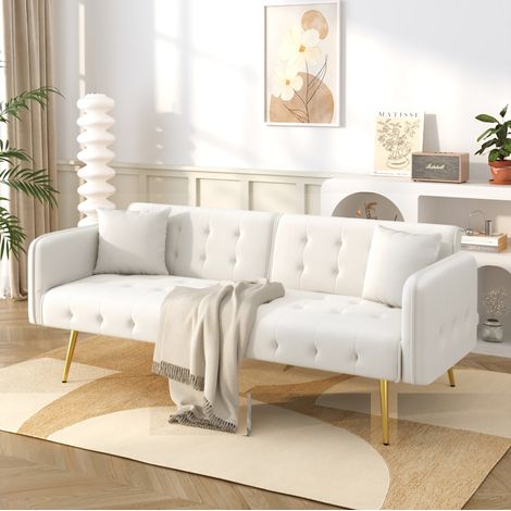 Canapé-lit 2 places 215x81.5x41 cm blanc ancien en velours avec dossier et accoudoirs réglables (1/5)