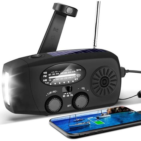 Dynamo Météo Radio Appareil d'urgence avec 3-LED Lampe de Poche et Chargeur de Téléphone pour Randonnée Camping Noir (1/5)