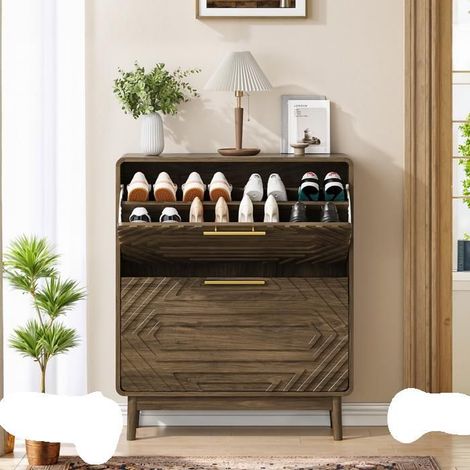 Meuble à Chaussures 80 cm bois de noyer rangement séparé deux tiroirs basculants structure indépendante style moderne mid-century (1/5)