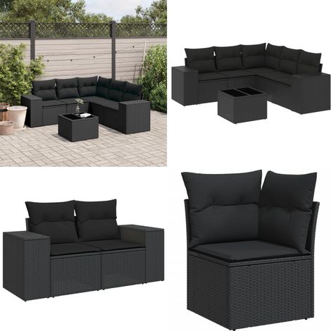 6-tlg. Garten-Sofagarnitur mit Kissen Schwarz Poly Rattan - Gartenmöbel Set - PE-Rattan Möbel - Outdoor Lounge - Esstisch Set - Balkonmöbel - Home & Living (1/5)