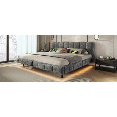 Lit coffre rembourré 140x190 cm avec LED, USB et USB-C, effet flottant, tissu chenille gris (1/5)