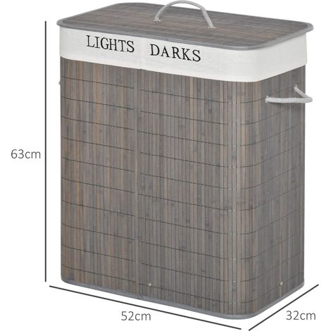 Panier à linge 100L avec 2 bacs bambou pliable couvercle poignée avec Sac amovible et lavable gris (1/5)