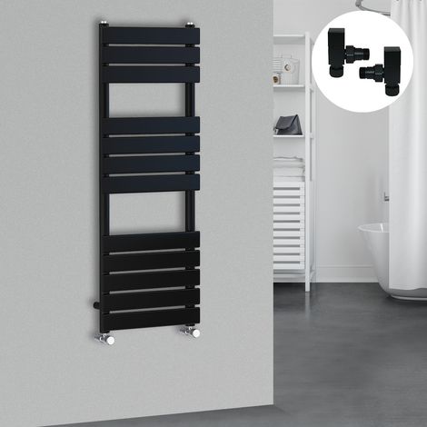 Bathroom Designer Flat Panel Heated Towel Rail Central Heating with Valves Black 1200x450mm (1/3)