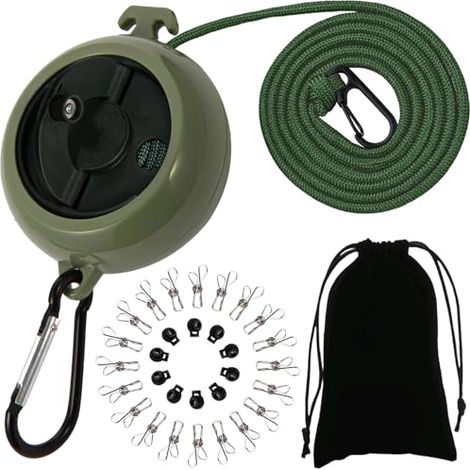 Corde a Linge Retractable,Corde à Linge Antidérapante Portable,Corde à Linge Voyage 10m, 10 Boucles de Retenue et 20 Pinces à Linge (1/4)