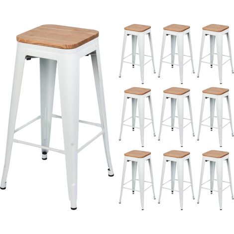 Pack 10 Taburetes Medios Industriales Apilables de Acero y Madera 43x43x76cm Thinia Home