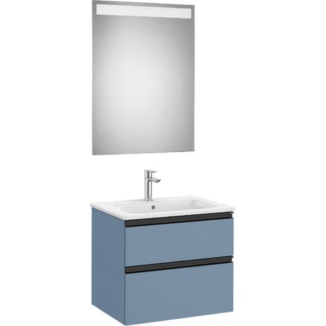 Pack meuble "The Gap" 600 - 2 tiroirs + lavabo slim + miroir LED - bleu mat/ poignées noires - Roca (1/2)