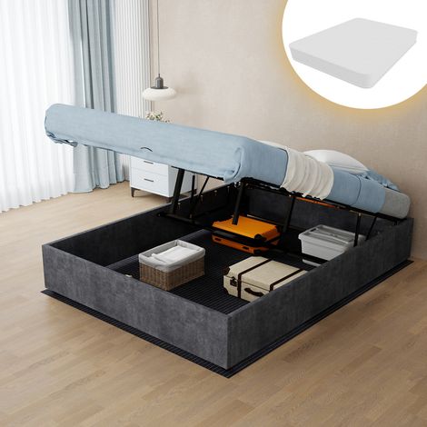 Lit coffre 140x200 cm gris avec vérin de levage, tissu velours et métal, avec matelas MEUBLIV (1/5)