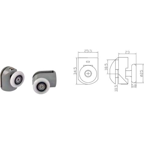 Coppia Cuscinetti Singola Ruota Attacco Superiore Box Doccia – Nylon Grigio Ø25 mm – Foro Vetro 12 mm