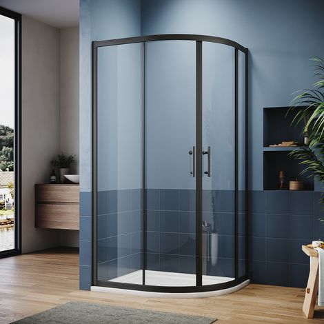 ELEGANT Black Quadrant Shower Enclosure Sliding Shower Door RH Offset 1200x800mm with White Tray + Waste Tray (Black) (1/5)