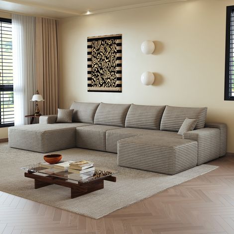 Divano angolare modulare a 4 posti con pouf removibile in velluto a coste, ripiegabile senza montaggio, 340x175x83 cm, color kaki (1/5)