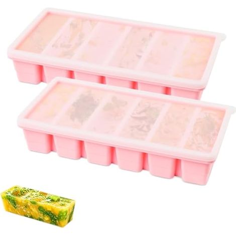 Lot de 2 bacs à glaçons en silicone avec couvercle, 100 ml, 6 compartiments, empilables et flexibles, pour soupes, bouillons et sauces (rose) (1/5)