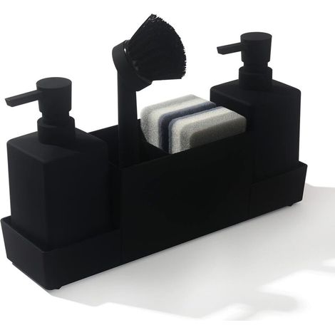 Dispensador de jabón de cocina negro con soporte para esponja para fregadero, dispensador de lavavajillas líquido, dispensador 4 en 1 para fregadero, cocina y baño (1/5)