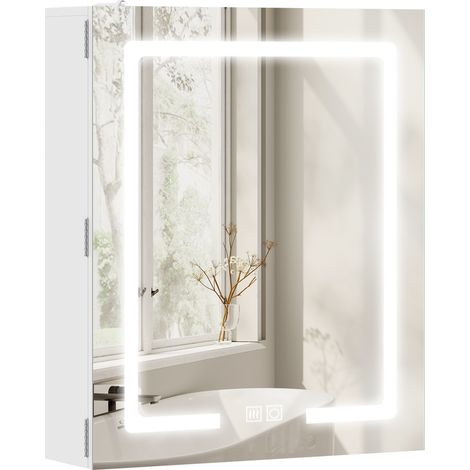 Badezimmerschrank mit beschlagfreiem LED-Spiegel, verstellbaren Einlegeböden, 50 x 15 x 60 cm, weiß, zur Wandmontage