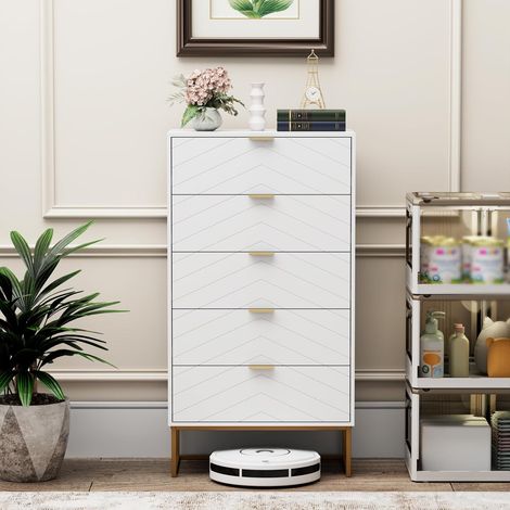 UEV Cassettiera Camera da Letto, Settimino con 5 Cassetti e Motivo di Linea, Mobiletto Moderno e Pratico, Sicuro Design Antiribaltamento, 60x34x110cm, Bianco