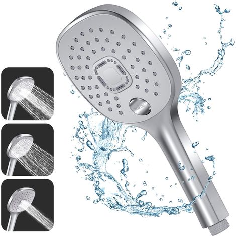 Soffione doccia con 3 tipi di getto, maniglia robusta e ugello in silicone ecologico, ampio soffione doccia argentato (soffione doccia senza tubo flessibile) (1/5)