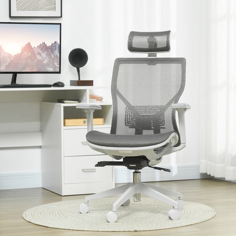 Chaise de bureau ergonomique gaming avec appui-tête, soutien lombaire, accoudoirs 3D réglables, mesh + mousse, grise, 67x65x120-128 cm (1/4)