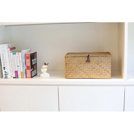 pièce Boîte de rangement en osier tressé avec couvercle et fermetures, panier de rangement de tri de couleur naturelle (1/5)