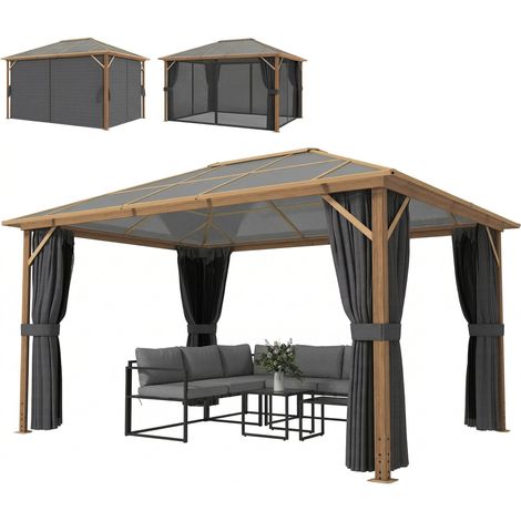 Tonnelle de Jardin Pavillon Extérieur Aspect Bois Toit Rigide en Polycarbonate UV50+ Imperméable 398x298x262cm Naturel (1/5)