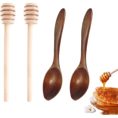 4 Pièces Agitateurs à Miel, Cuillères à Miel, Cuillères à Miel en Bois, Bâtonnets de Miel en Spirale, pour Mélange (1/4)