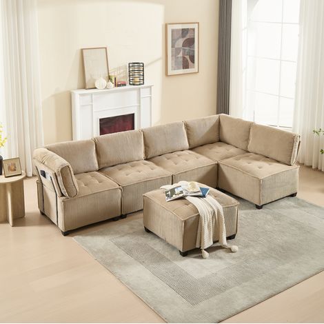 Divano modulare in velluto a coste khaki 308 x 154 x 81,99 cm, 6 posti, configurabile a U/L/letto (1/5)