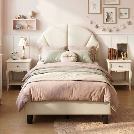BLANKETSWARM - Lit simple fille 90x190 cm, lit enfant 90x190 cm, lit fille princesse tête de lit - Velours - Beige (1/5)