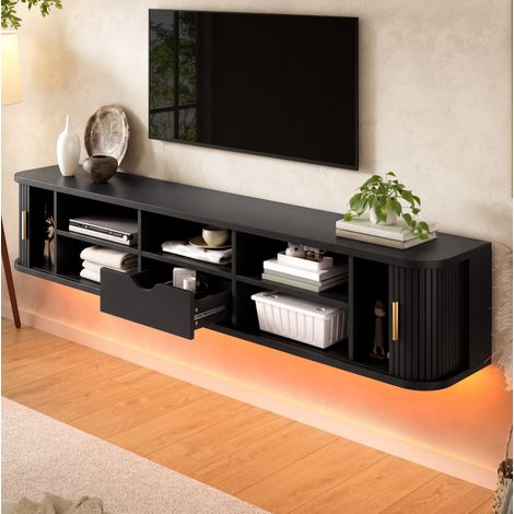 Mueble TV suspendido 175 cm con puertas correderas, cajón y LED controlable por app, negro OKMYHOME (1/5)