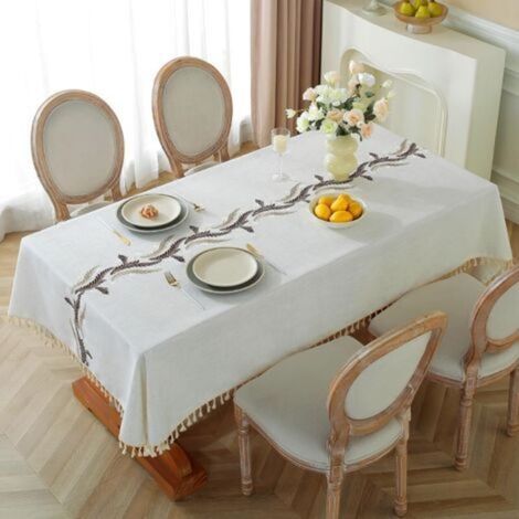 Nappe carrée en coton et lin, imperméable et infroissable, style champêtre, pour table de salle à manger, nappe en tissu doux avec pompons, beige, 140 x 140 cm, 4 à 6 personnes