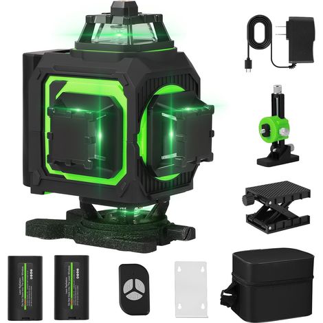 4x360° Cross Line Laser Level,  16-Line Self-Leveling Green Laser,  8-Hour Battery Life and Remote Control,  40m Range with ±1.5mm Accuracy,  Type-C Charger and Carrying Case Included (1/5)