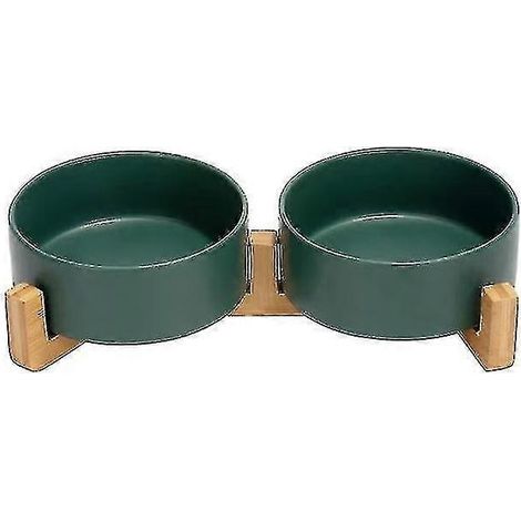 Gamelle double en céramique pour chien et chat avec support en bambou (400 ml, verte) (1/5)