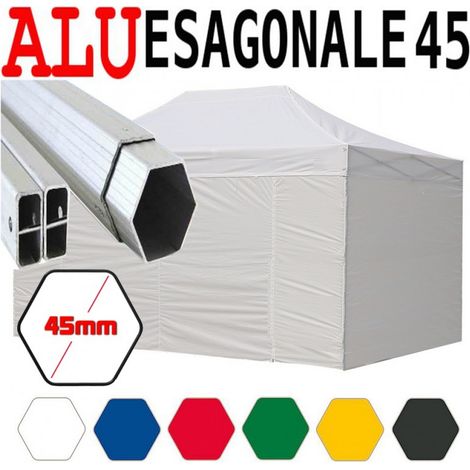 Gazebo 3x4,5 m bianco pieghevole alluminio piantone esagonale 45mm portatile estendibile richiudibile estensibile acciaio con laterali per fiere eventi stand chiosco tenda tendone mercato mercatino (1/5)