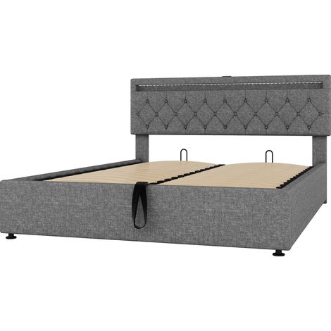 Cama con canapé gris de 160 x 200 cm con iluminación ambiental, puertos de carga USB y tipo C, estructura de cama doble para jóvenes y adultos (colchón no incluido). (1/5)
