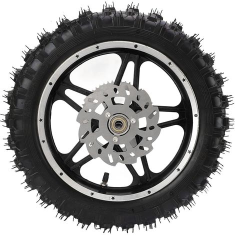 Roue arrière de mini-moto cross, jante et pneu en caoutchouc et métal 2,5-10 avec pignon à disque et roulements, pour mini-moto cross. (1/5)