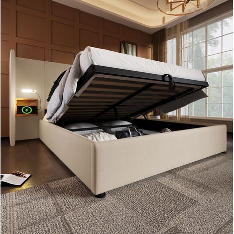 FLORAGRACE Lit coffre adulte 160x200 cm beige en lin, avec table de chevet intégrée, lampe de lecture, ports USB et Type-C (1/5)