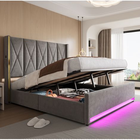 lit adulte rangement 180x200 velours gris fonce LED USB HAVRYA (1/5)