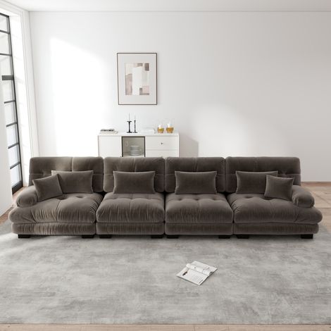 Canapé d’angle modulaire 406x77x81 cm marron en chenille avec assise profonde (1/5)