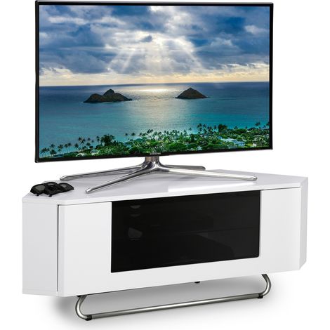 Centurion Supports Hampshire Corner-Friendly Gloss White with Black Contrast Beam-Thru Remote Friendly Door 26"-50" Flat Screen TV Cabinet (1/5)