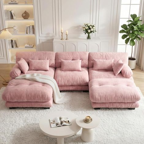 Canapé d’angle modulaire luxueux – Modèle en U, convertible en lit, assise profonde, pouf, chenille rose – Design haut de gamme pour salon (1/5)