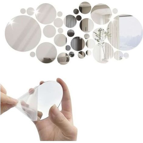 Pair 32 Pièces Miroir Stickers Muraux, Ronds 3D Acrylique Adhésif Autocollant Mural, Auto-adhésifs DIY Détachable Décoration pour Salle De Bain Salon Chambre-Argent (1/5)