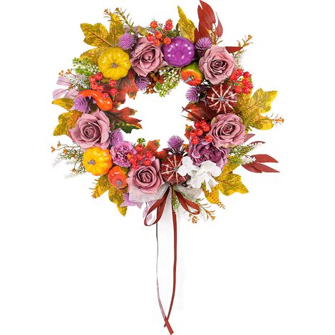 [Ande Online] 40 cm großer Rosen- und Kürbiskranz für das Erntedankfest, zum Aufhängen an einer ländlichen Hoftür mit getrockneten Zweigen (1/2)