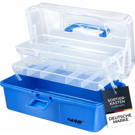 HMF Nähkasten aufklappbar mit 3 Ebenen, Sortierbox für Kleinteile, 33 x 20 x 15 cm, Blau (1/4)