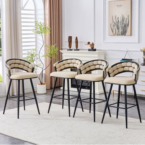 Taburete de bar tapizado en terciopelo beige y negro, respaldo trenzado, estructura metálica, 150 kg (1/5)