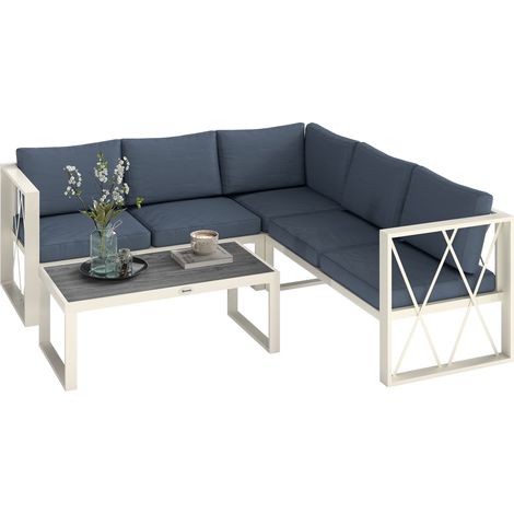 Garten-Ecklounge mit Liegesessel, 2 kleinen Sofas mit Kissen und Beistelltisch, Grau